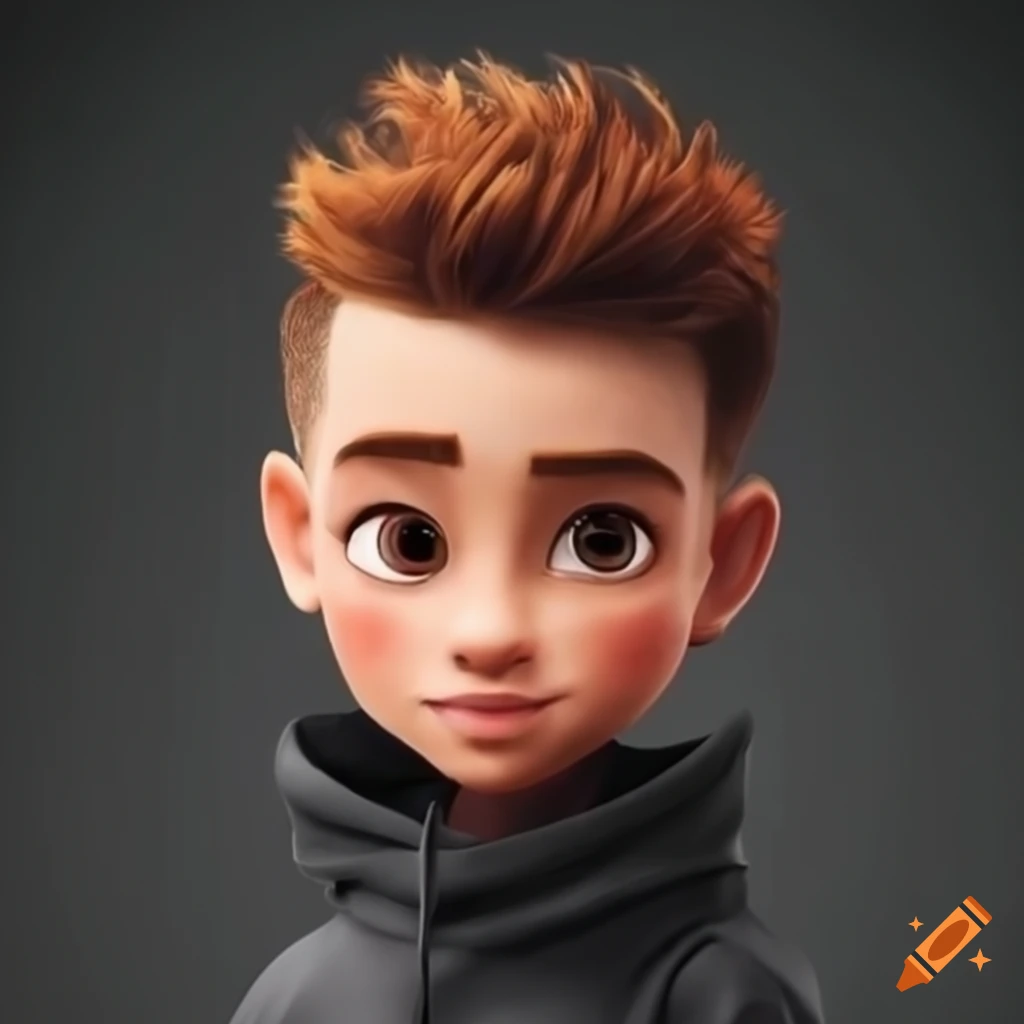 Cute boy with taper fade haircut and black hoodie, resembling a Pixar Disney character