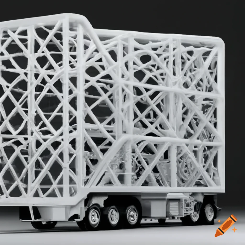 ASML machine in a transportation truck with white 3D-printed lattice structures