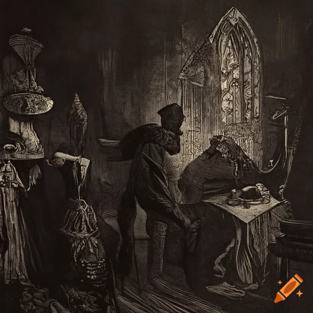 Monochrome woodcut of an occult scene in a gothic tavern under a moonlit sky by Gustav Dore