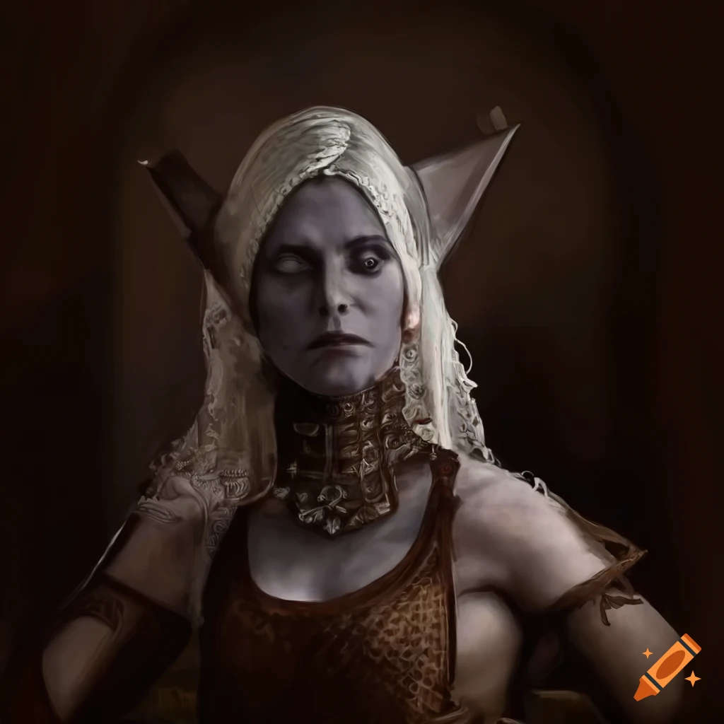 Skilled female drow acrobat with a quarterstaff in medieval attire performing in an urban backdrop