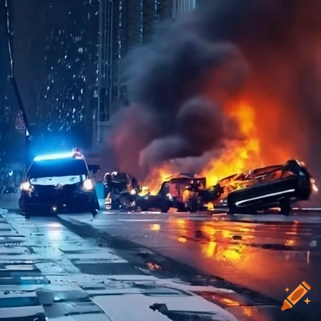 Traffic accident with multiple vehicles and infrastructure damage in Madrid city during a rainy winter evening at 22:30, police and firefighters on site