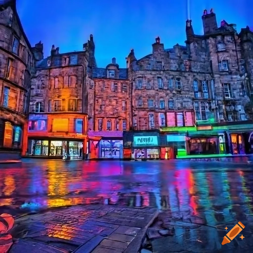 Edinburgh Grassmarket in HD blacklight with wide-angle view in the morning