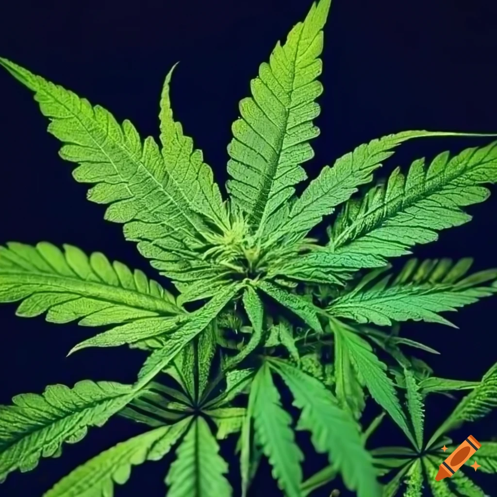 Close-up of a beautifully lit cannabis leaf on black background