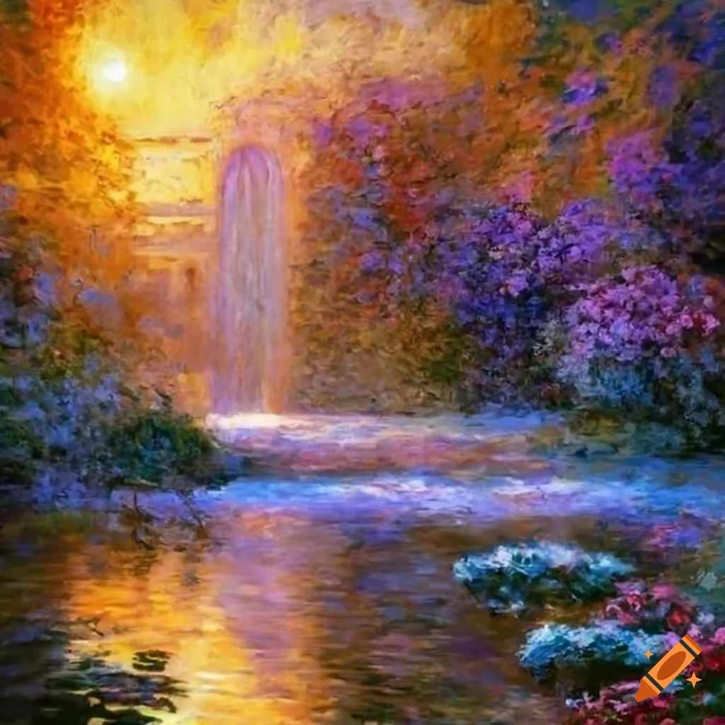 Monet's Victorian garden balcony overlooking a pond and rococo architecture with high trees and waterfall
