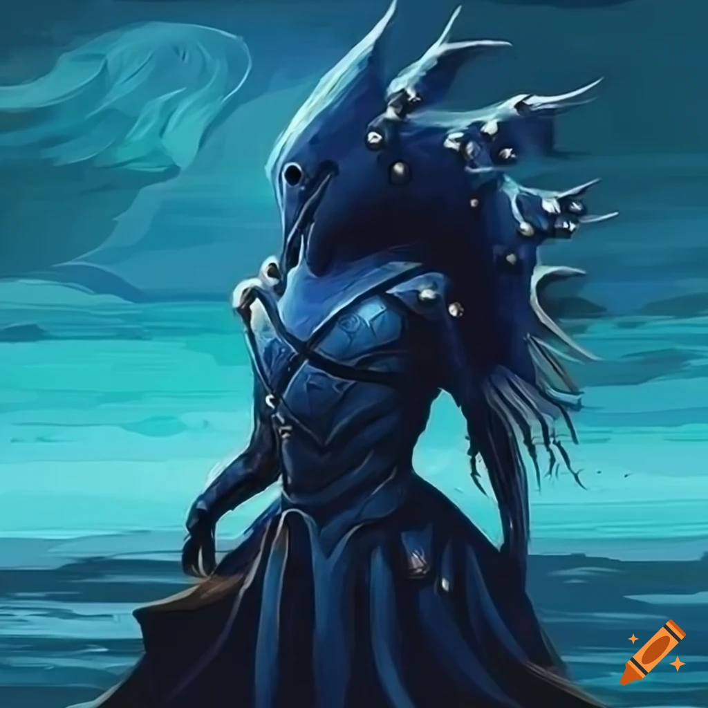 Dark-blue spiked helmet in a sea background, inspired by Magic the Gathering