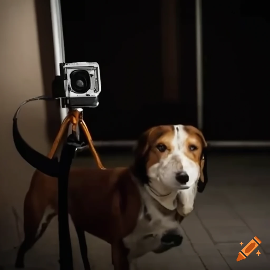 Curious dog watching and following a person through cameras