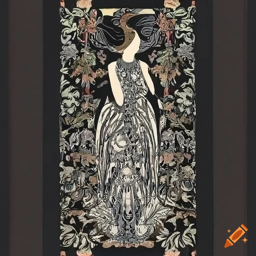Art Nouveau tapestry design featuring a woman with a moon-shaped head in flowing dress