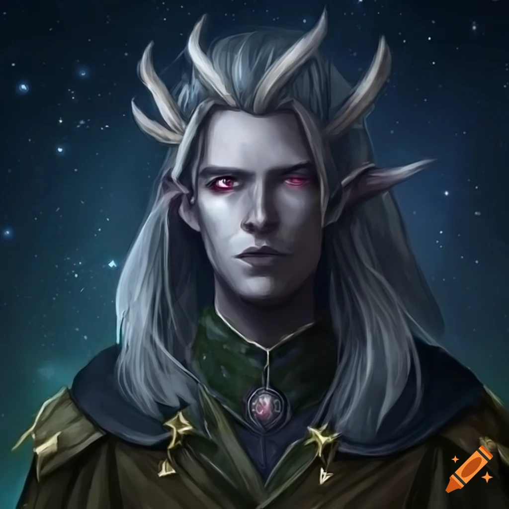 Druid astral elf with chest open under starry night sky