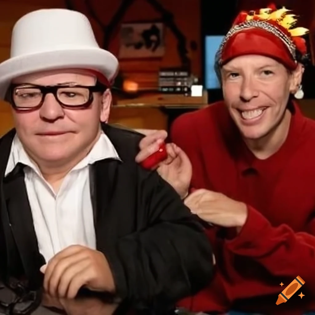 Two male radio hosts wearing wacky hats