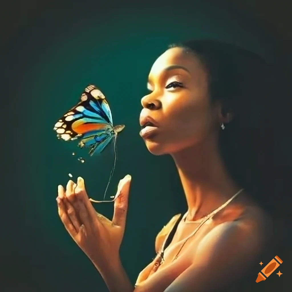 African American woman transforming into a butterfly while praying