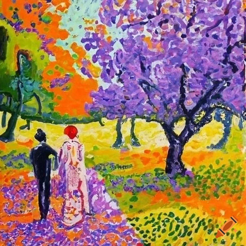 Pointillism painting of a couple in a garden with jacaranda trees