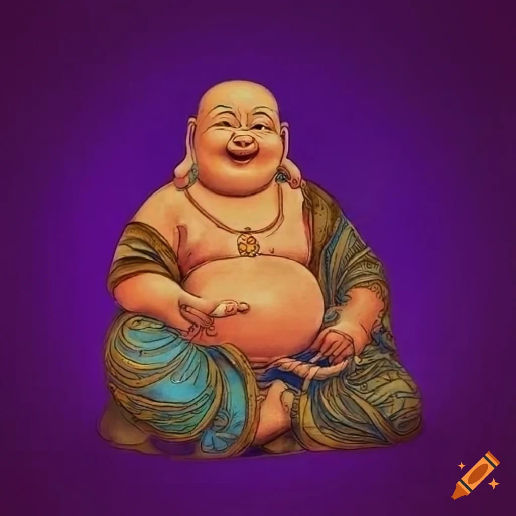 Purple Tibetan Thai tantric drawing of sitting laughing Buddha on ancient paper