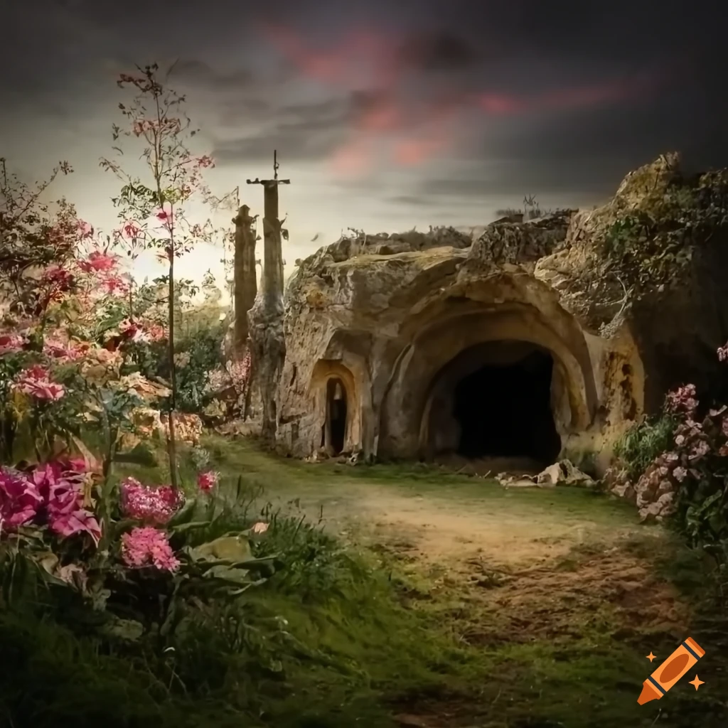 Cave with furniture and pink flowers in a post-apocalyptic prehistoric setting