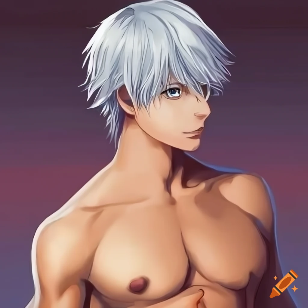 Handsome anime guy with white hair and abs