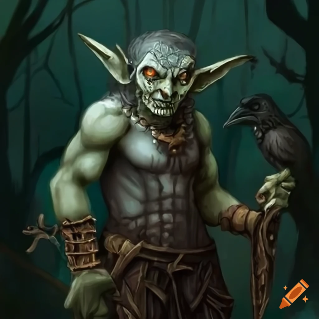 Fantasy goblin with bone necklace and dagger performing a blood ritual in a dark forest