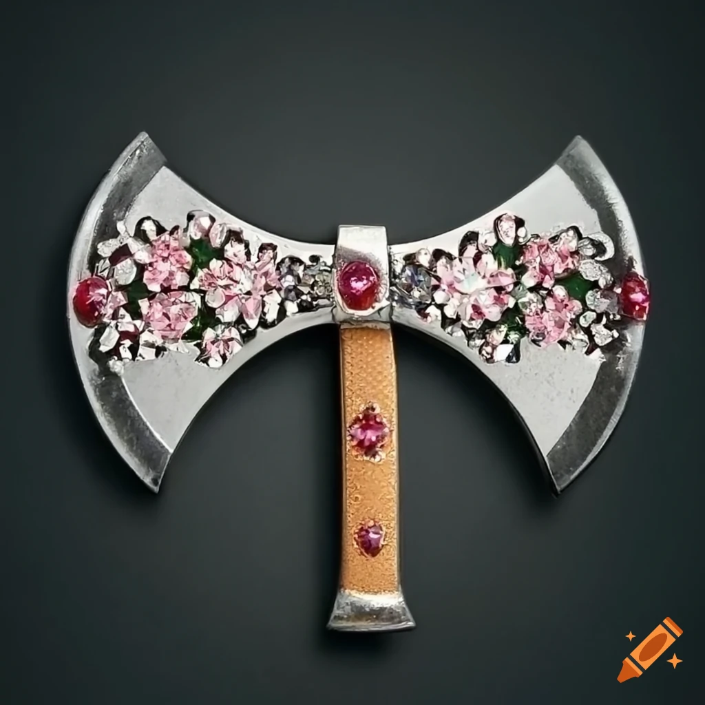 Elegant cherry blossom patterned handle on a stylish double-edged metal axe with ruby gem adornments