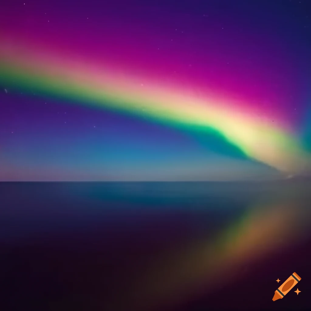 Rainbow sky with blue and pink aurora borealis forming a heart shape