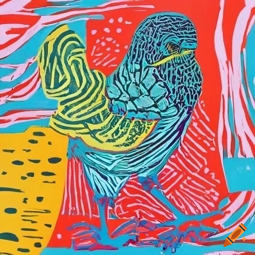 Vibrant lino cut print of a futuristic cityscape