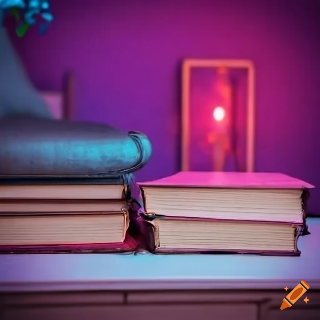 Vintage books on a table with cozy neon ambiance