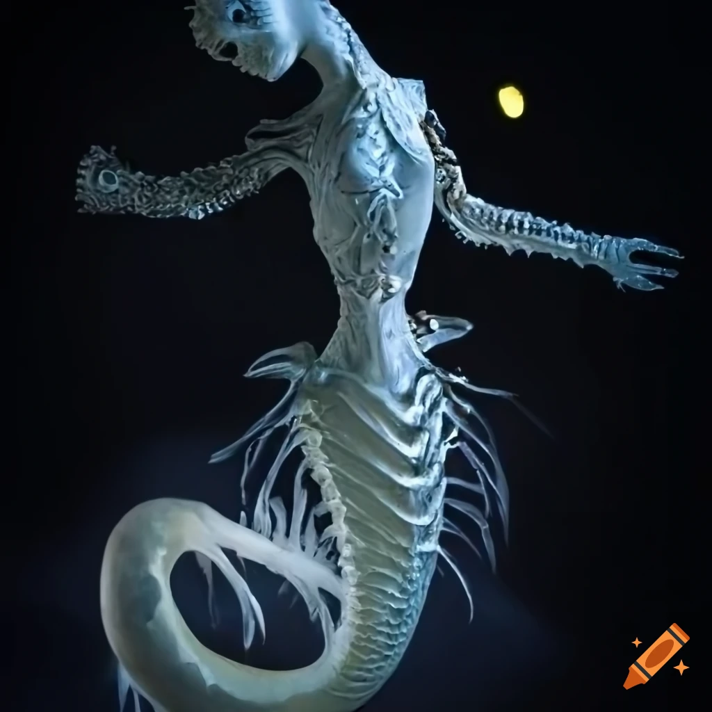 Biomorphic mermaid with crystal armor holding a biomechanical sword on Skeletrix Island