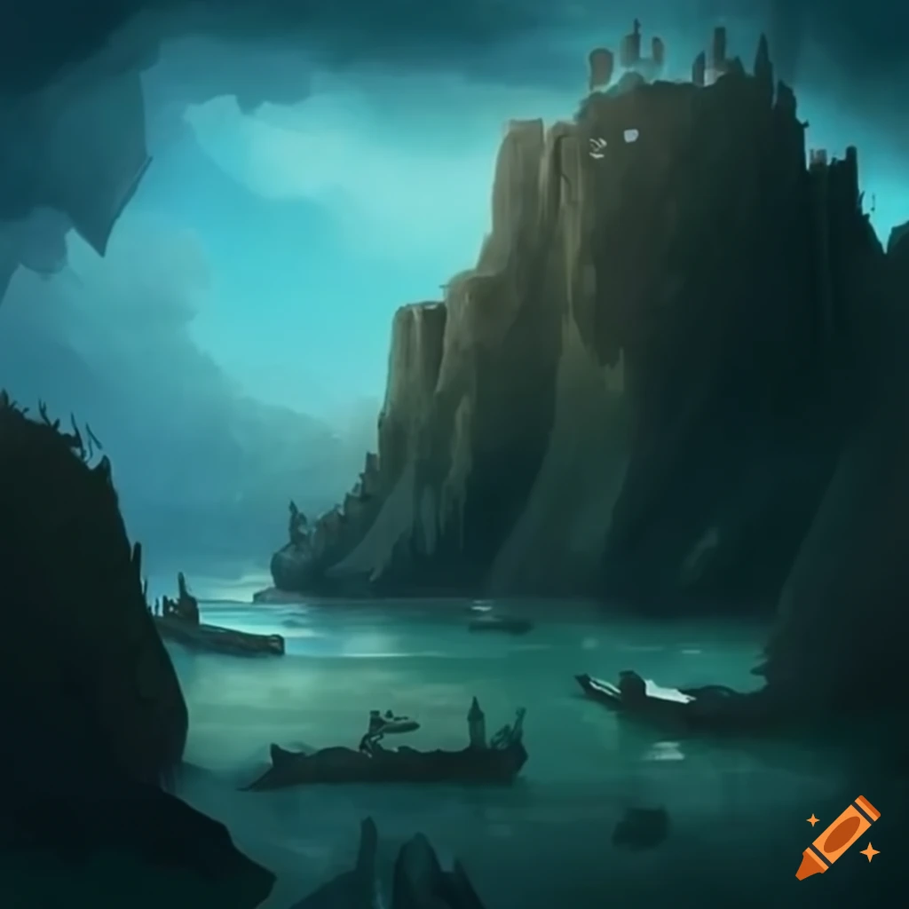Desolate cliffside village on an island with orcs
