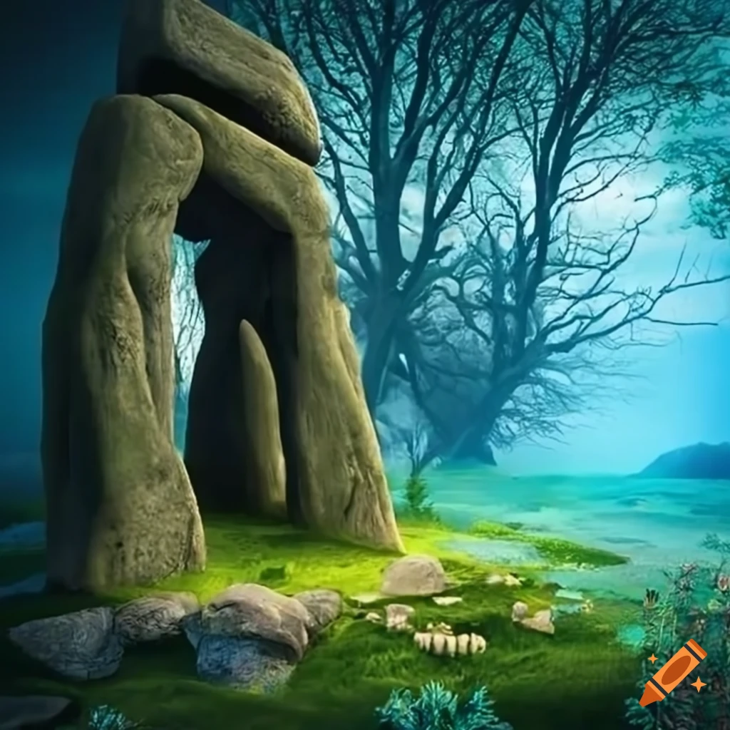 Garden of Eden with two ancient trees and a stone megalith