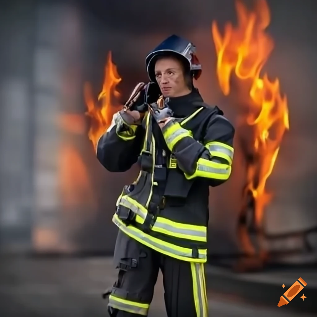Dutch firefighter on the phone with fire in background