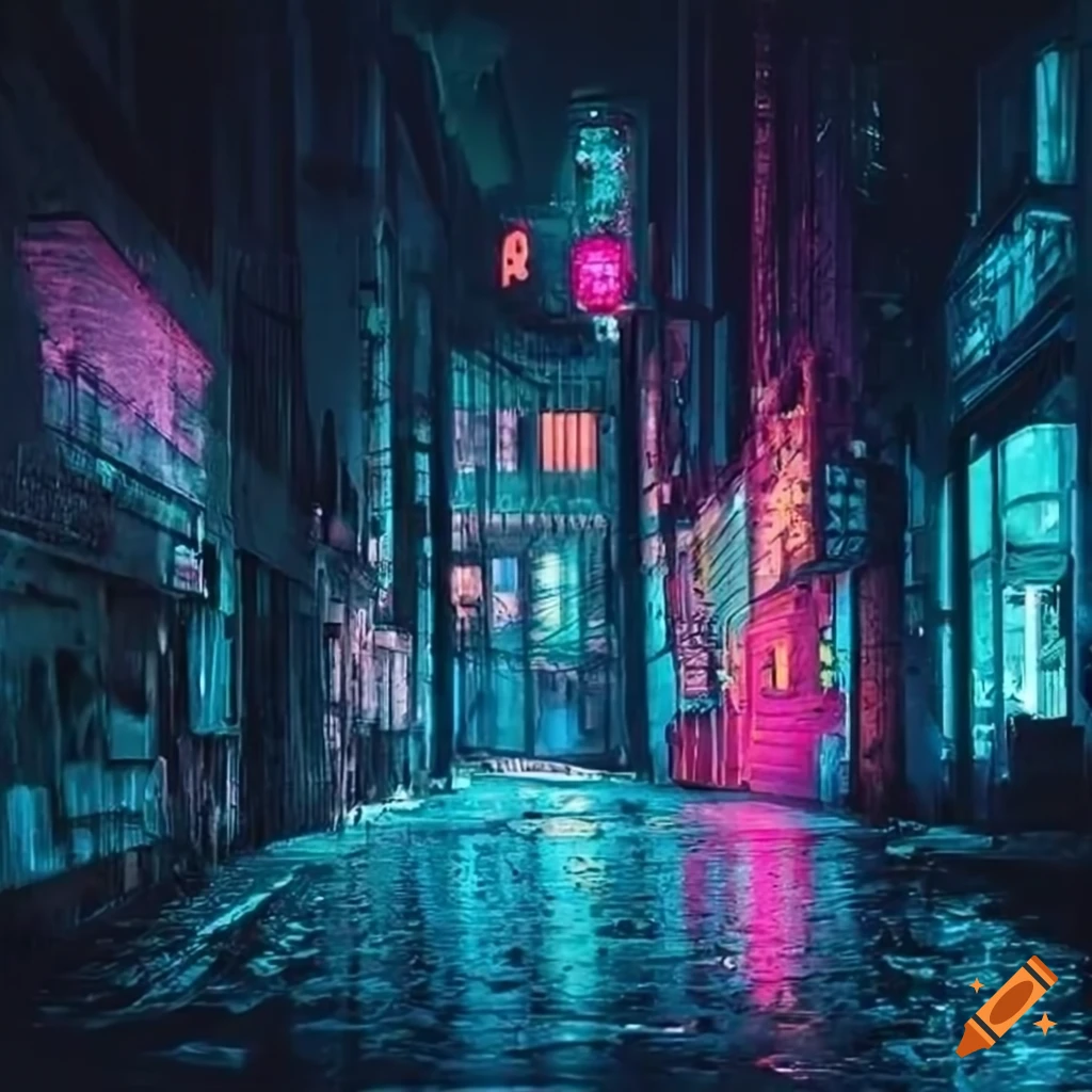 Gritty cyberpunk scene with dilapidated buildings and neon lights in an Eastern European metropolis