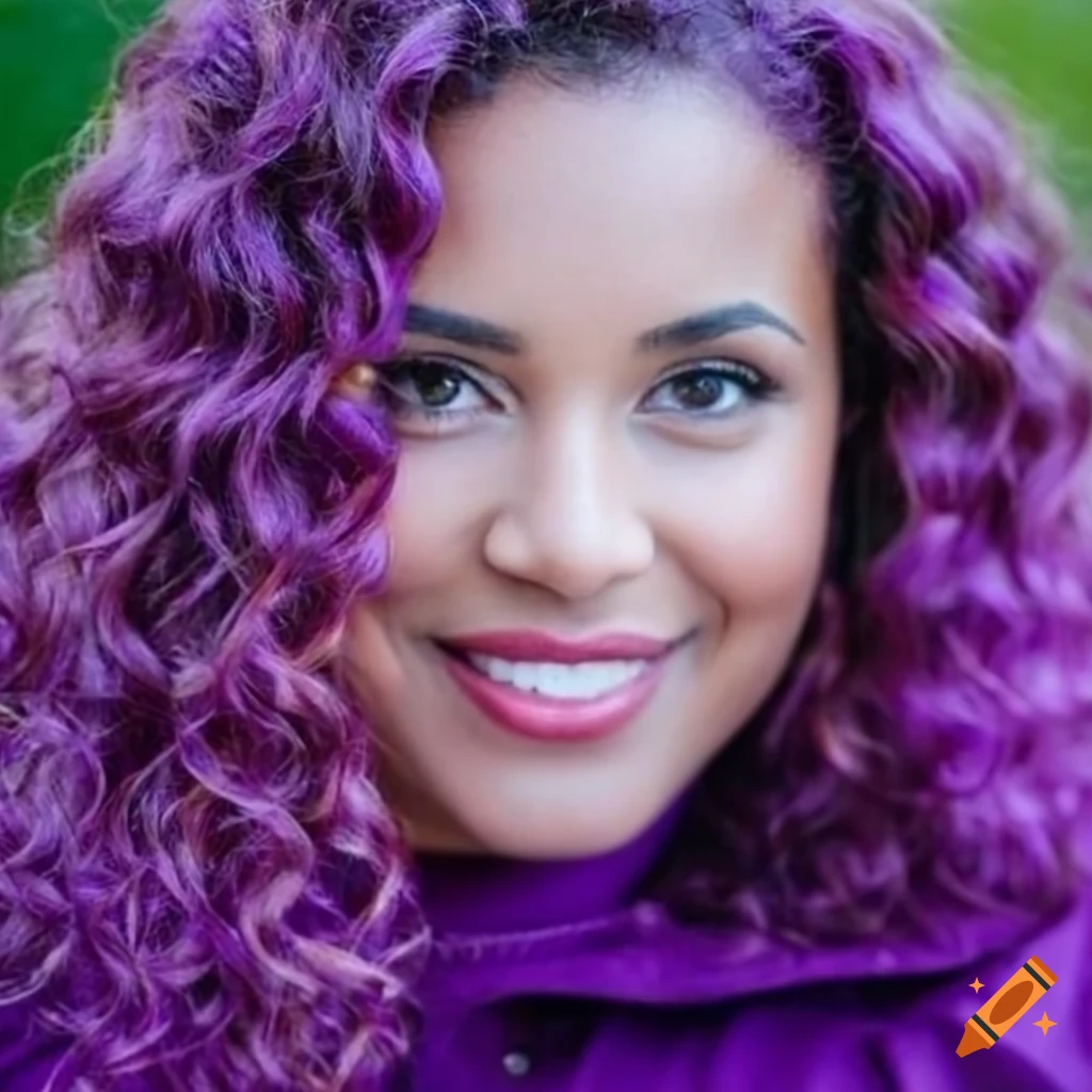 Beautiful woman with purple outfit and curly hair in close-up photography