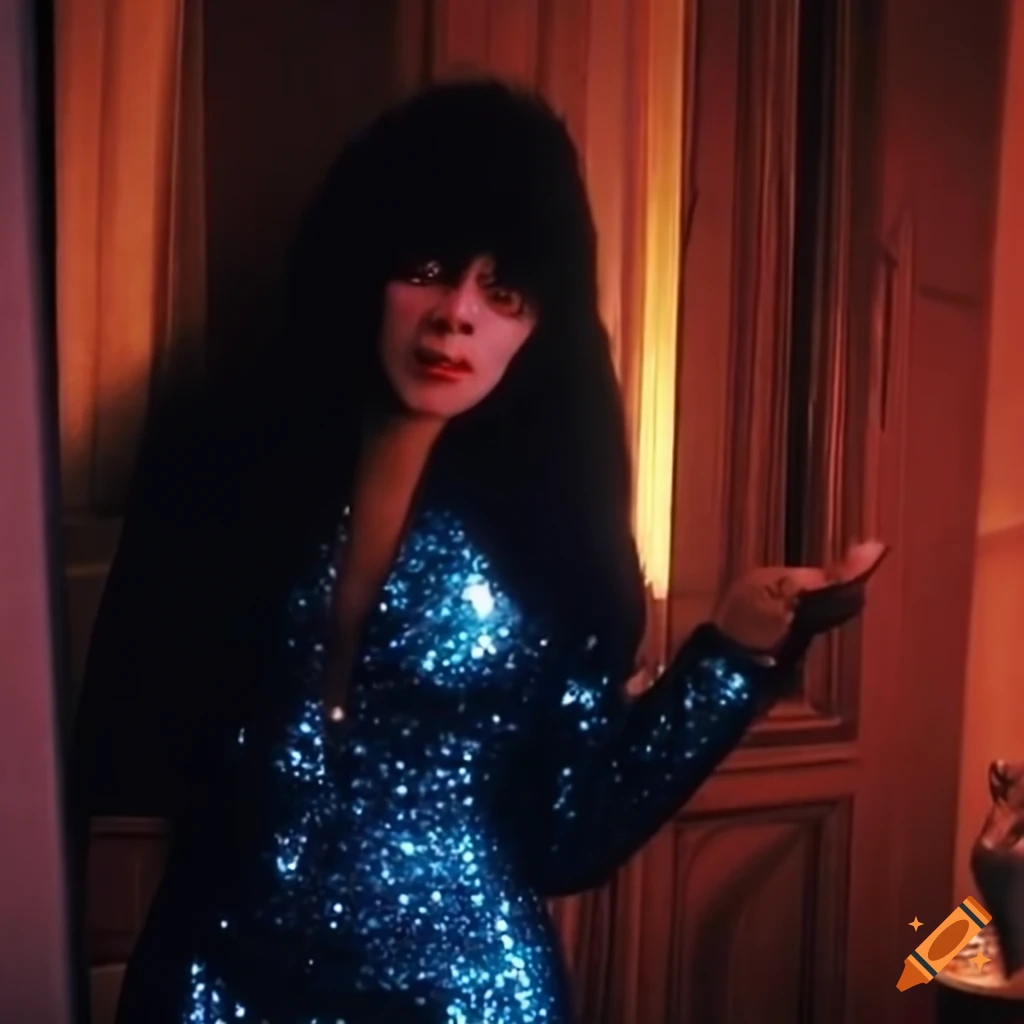 Ronnie Spector in a glitter dark blue skirt and red lipstick with John Lennon overlooking Paris in a 60s elegant balcony