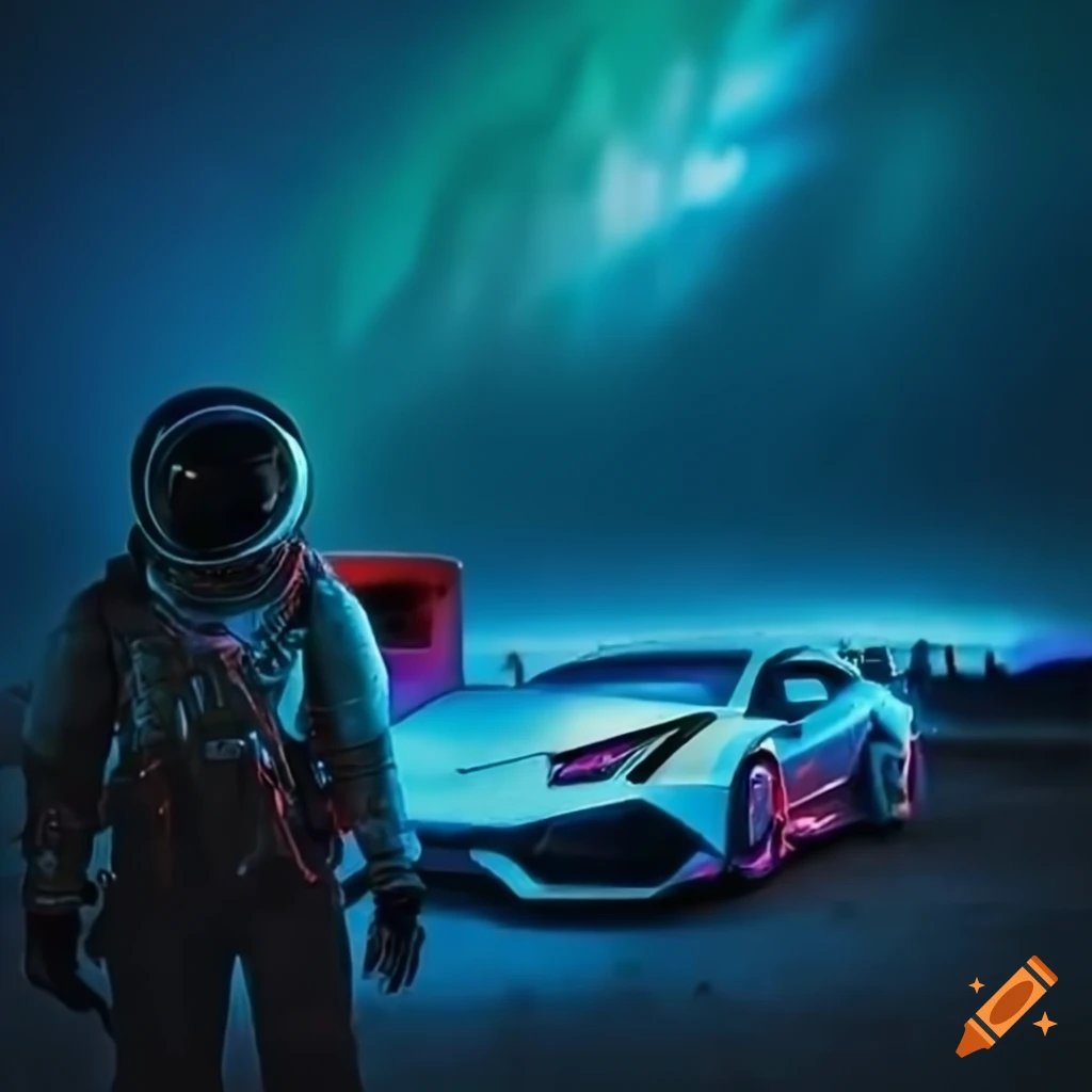 Astronaut exploring a beach with a biopunk city and Lamborghini in the foreground