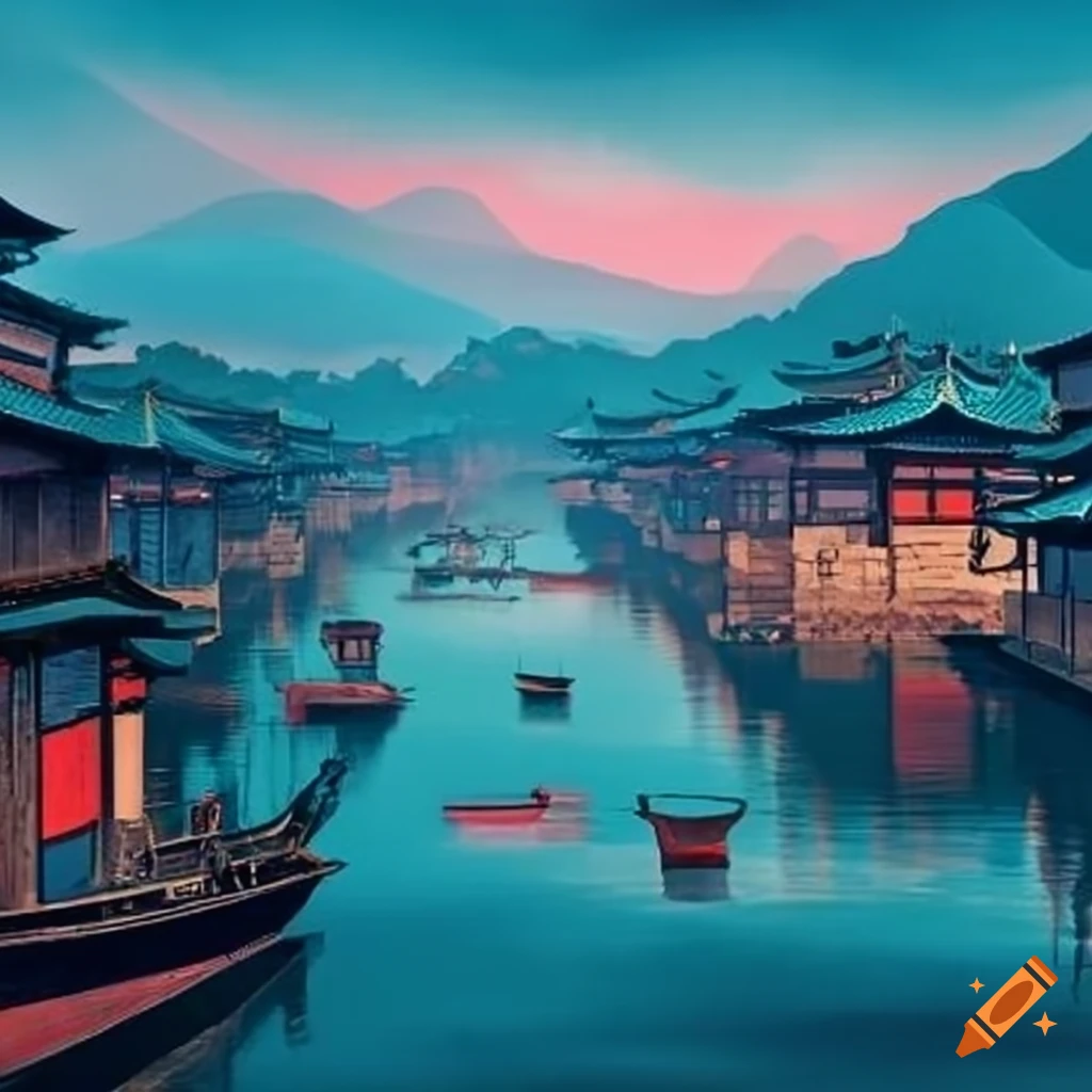 Old Japanese harbor by the river