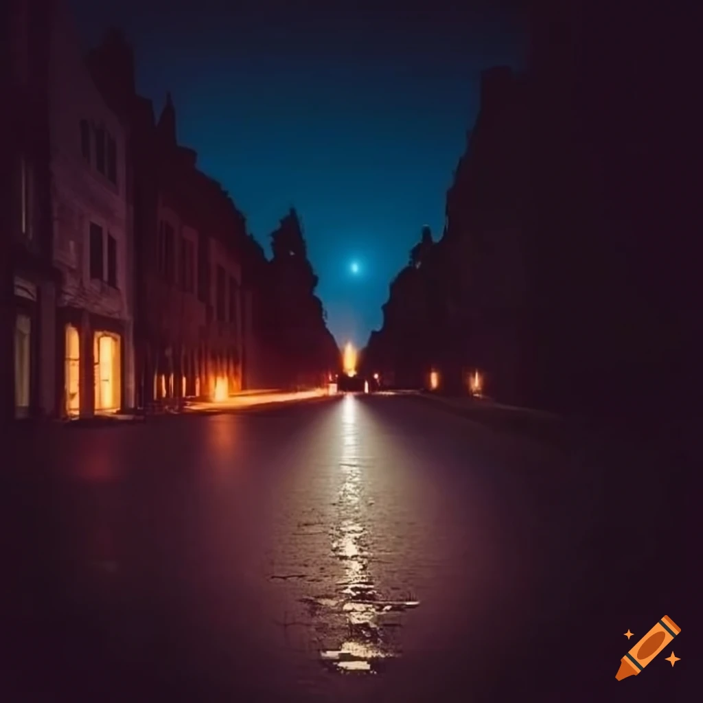 Solitary figure walking on deserted road under soft streetlight glow