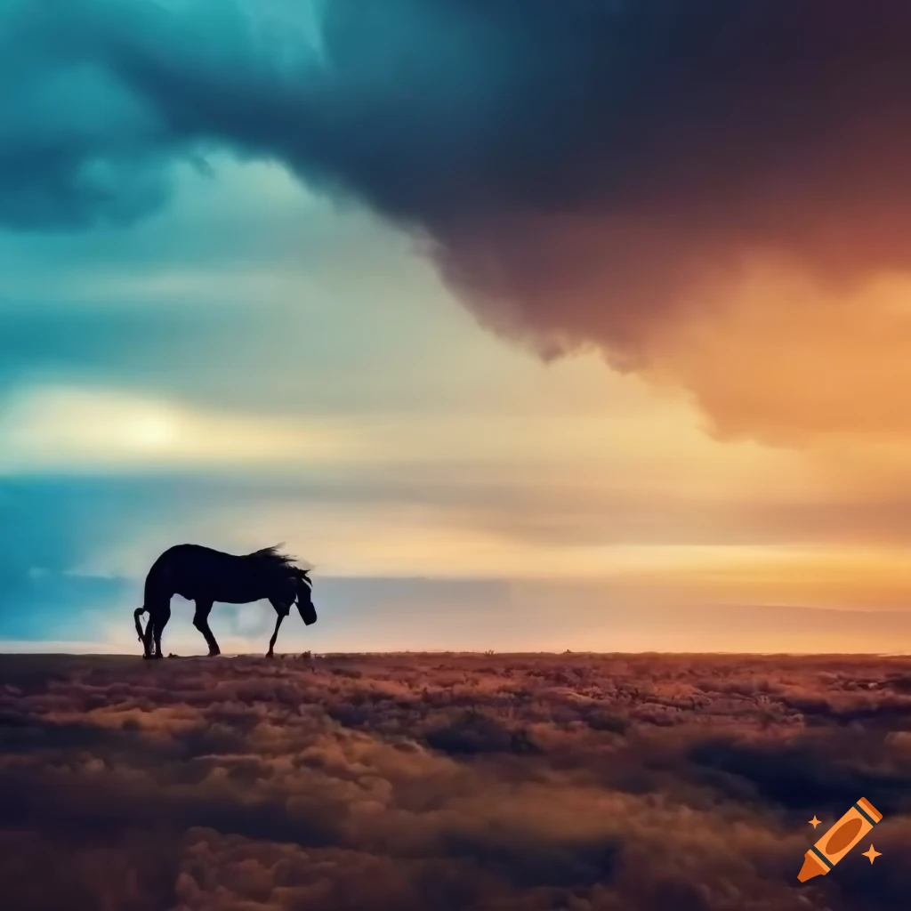 Stormy clouds over a vast landscape with lone horse in the distance