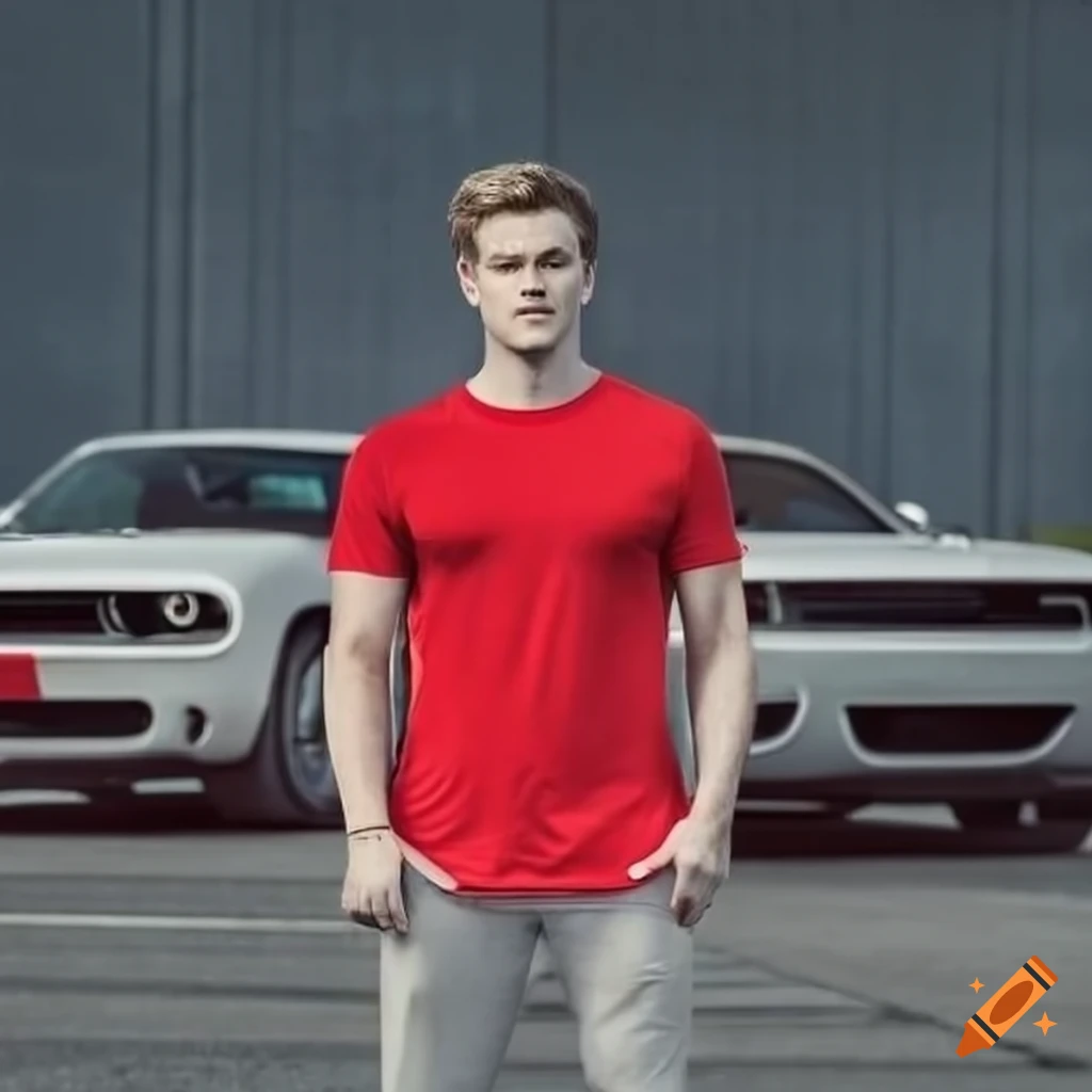 Man in red t-shirt standing in front of Dodge Challenger on highway