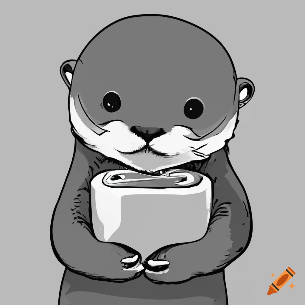 Cute baby otter holding a roll of toilet paper in black and white