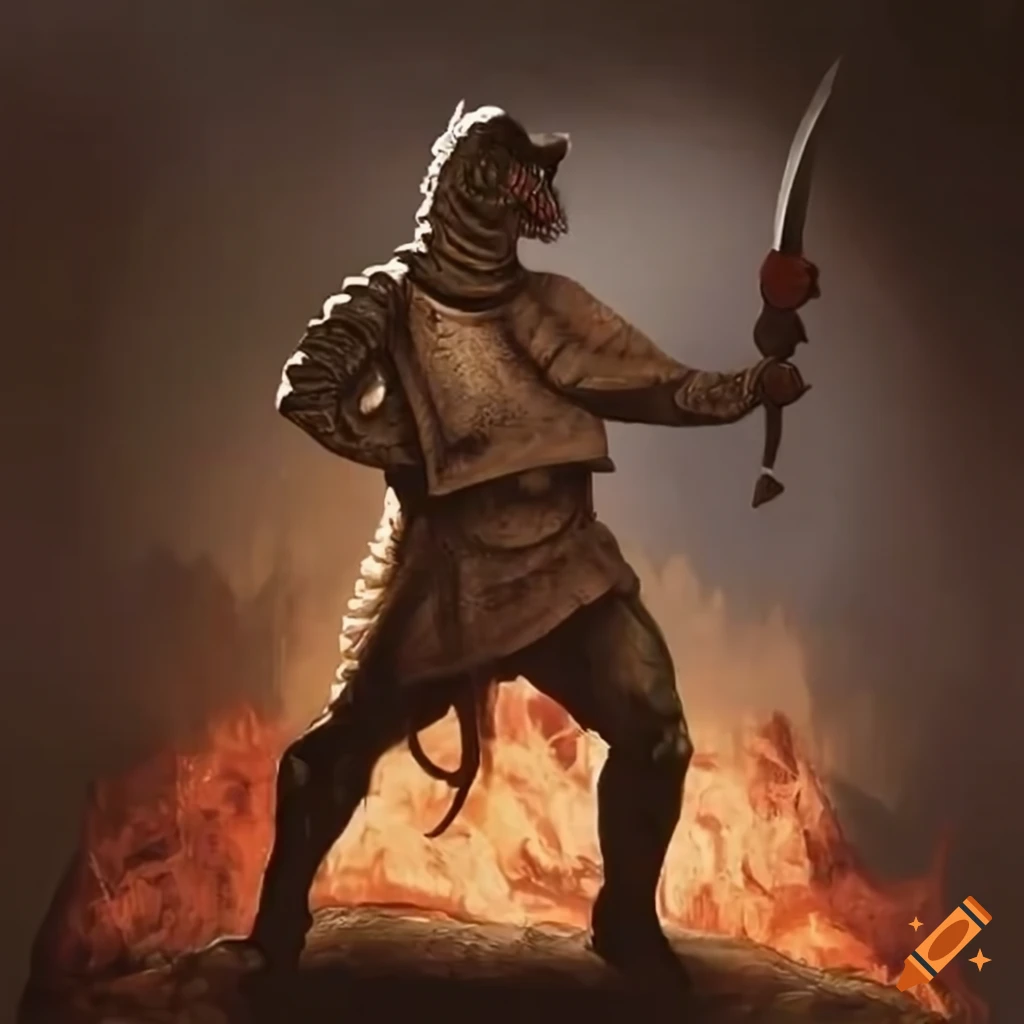 T-rex with a sword during the fall of the British Empire