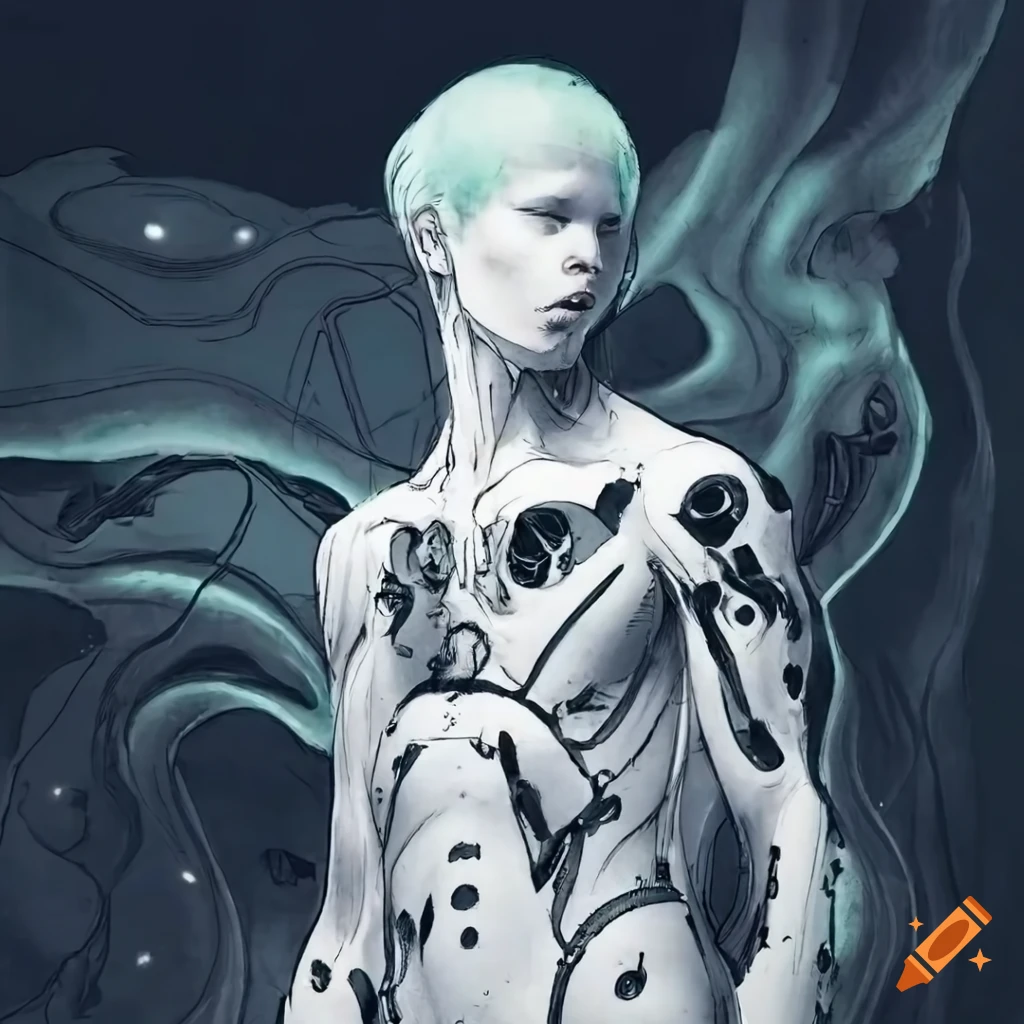 White-black ink young male cyborg in a cutting-edge bodysuit with light cyan hair