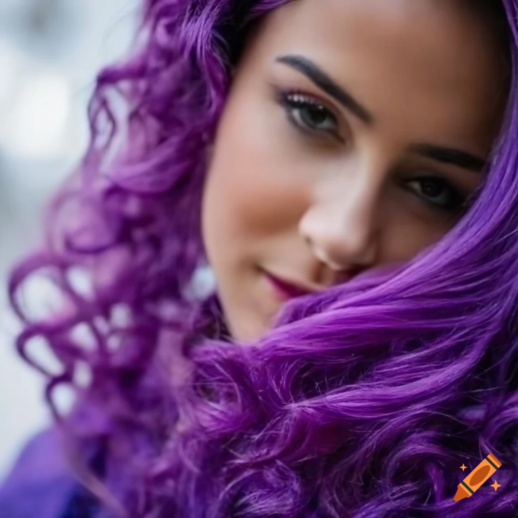 Beautiful woman with purple attire and curly hair in close-up photography