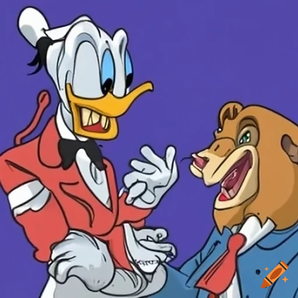 Donald Duck and Simba in a presidential debate discussing politics