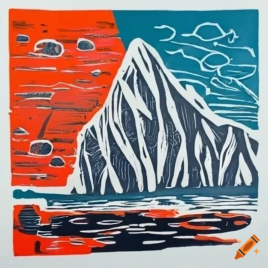 Vibrant lino cut print displaying an end of century scene
