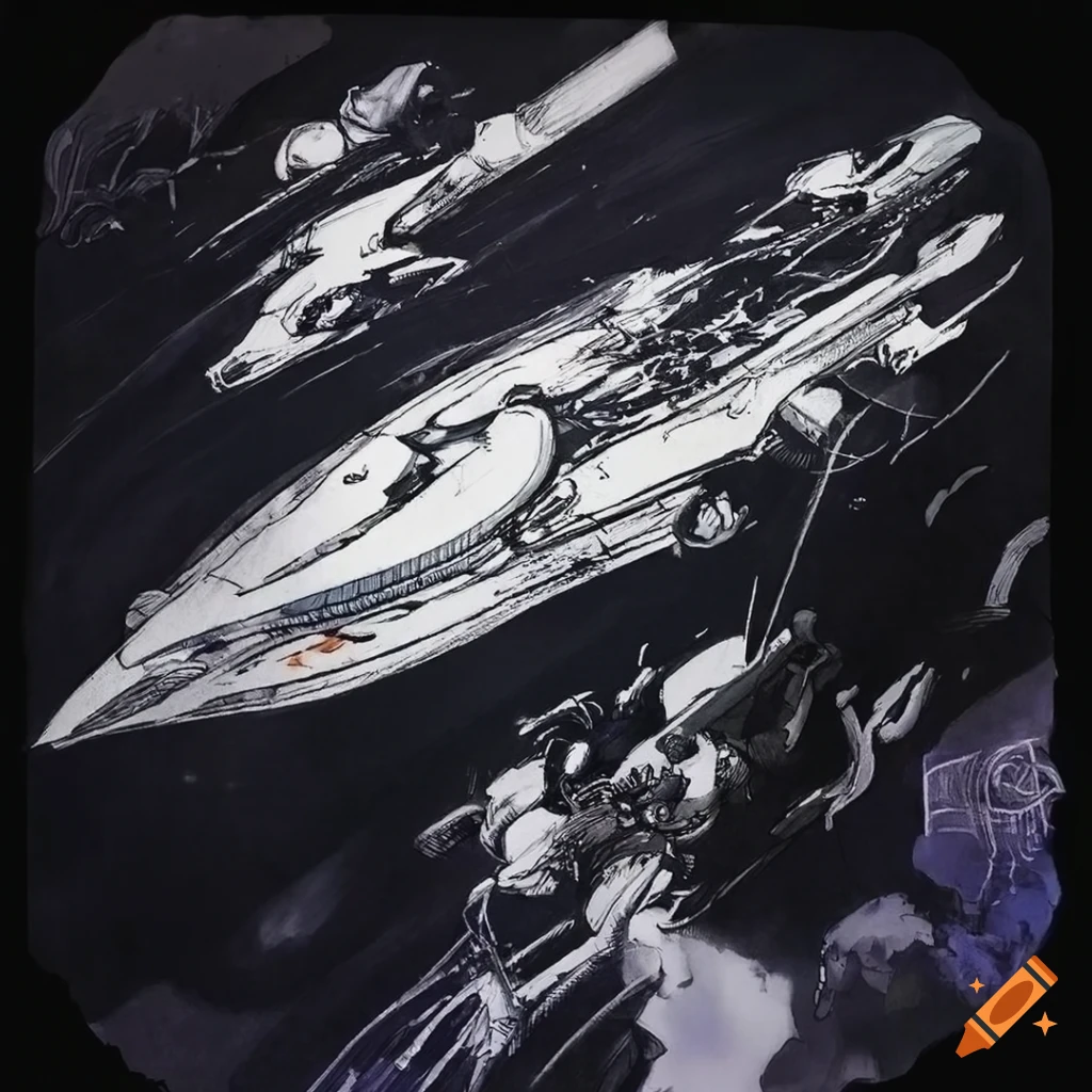 White spaceship with high-tech features in black ink art style
