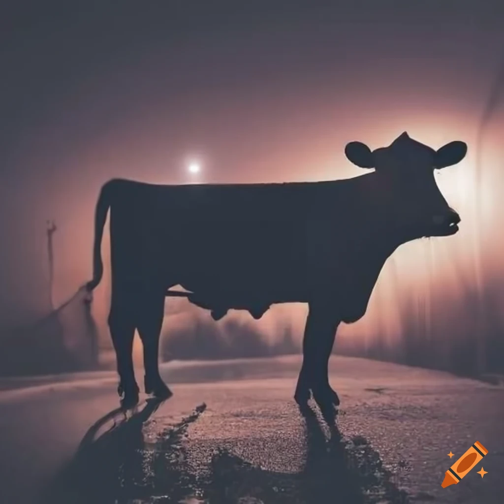 Silhouette of a cow under a headlight beam with bicycle handlebars in foreground