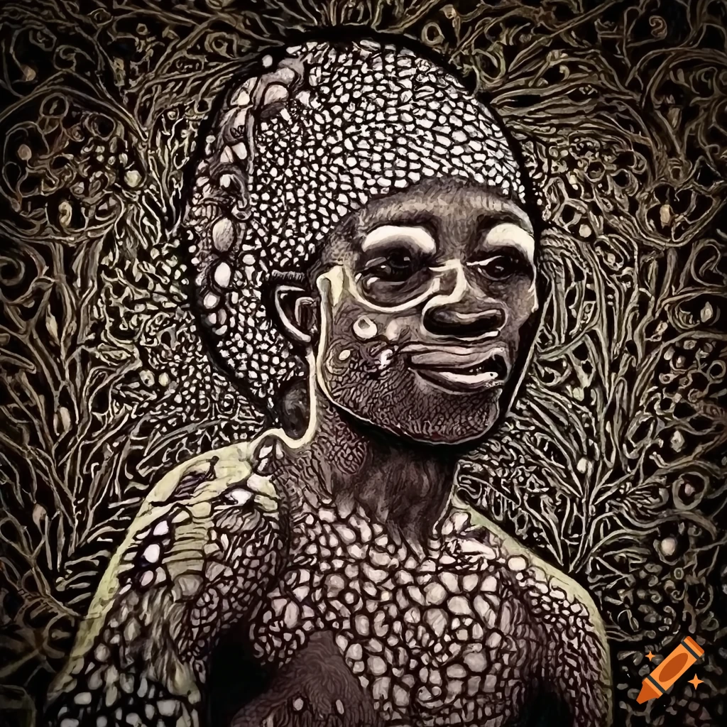 Man surrounded by exotic fungi in a forest with zentangle textures