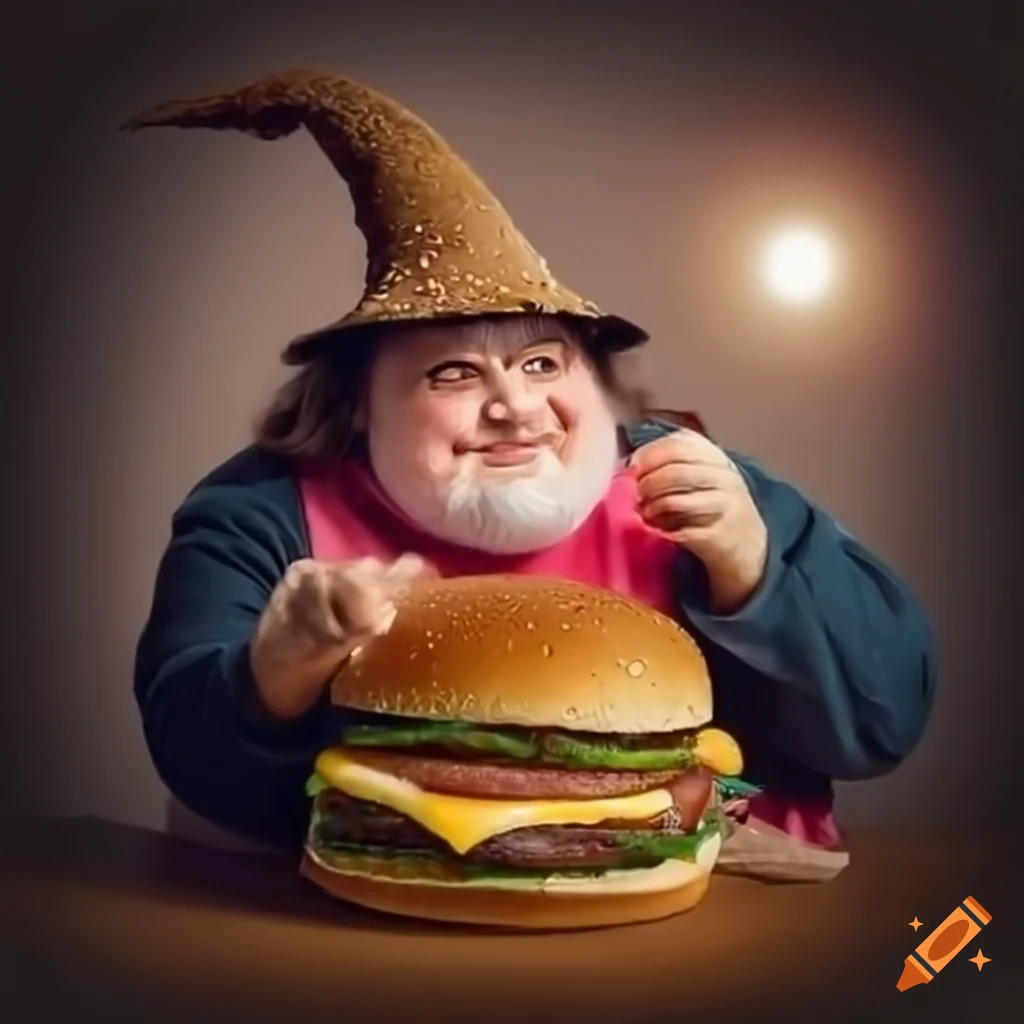 Chubby wizard levitating a cheeseburger in 80s fantasy style