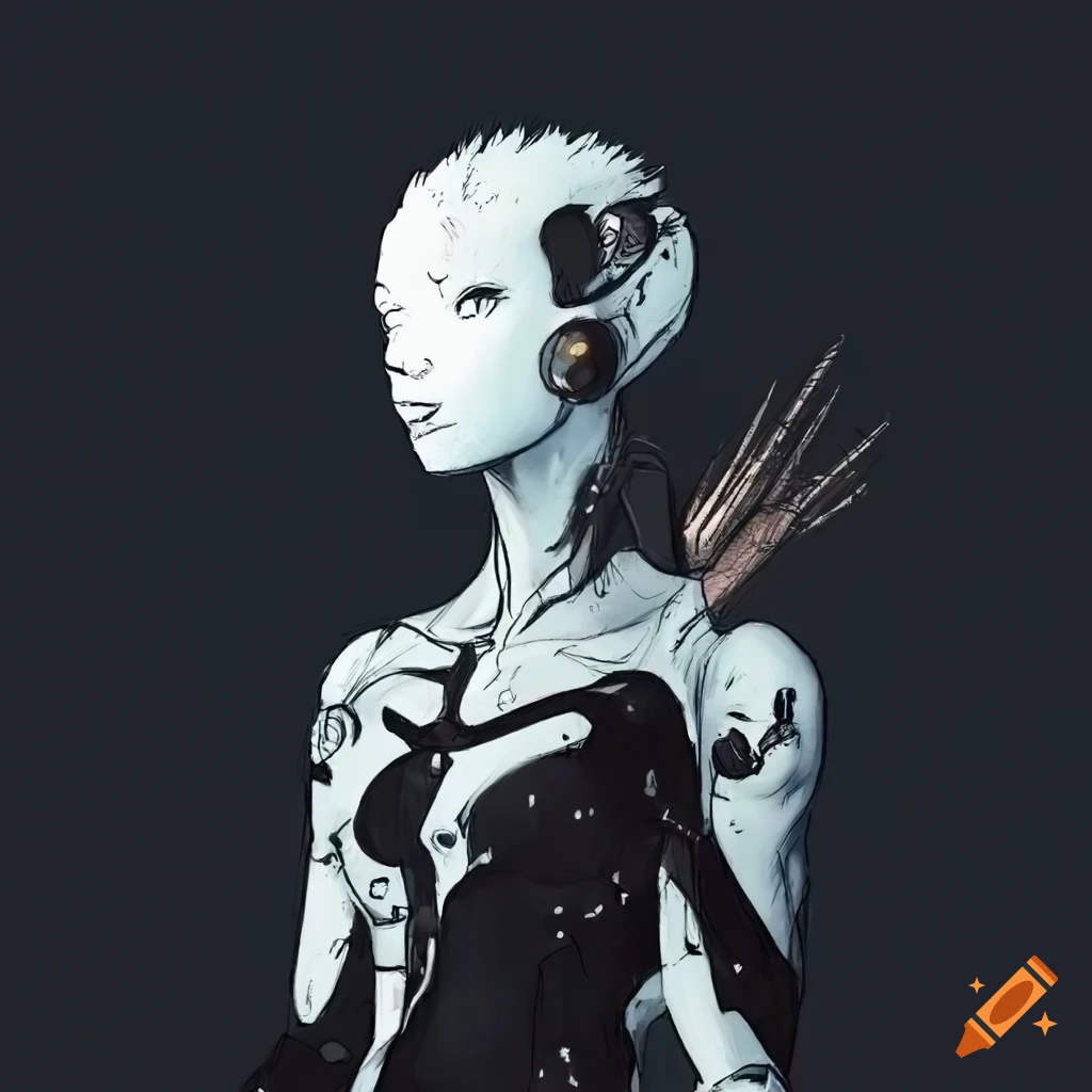 Black ink art of a male cyborg in a futuristic sci-fi setting