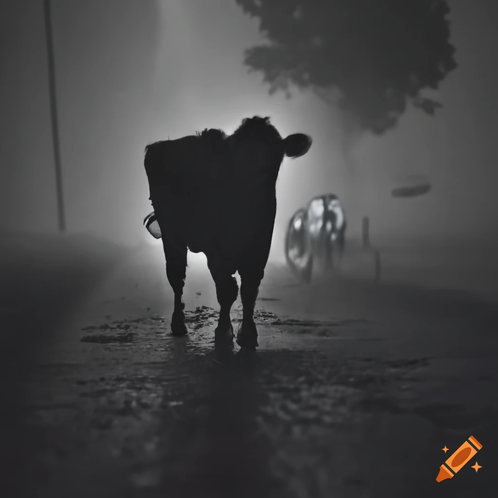 Silhouette of a black cow standing on asphalt in the rain under a headlight