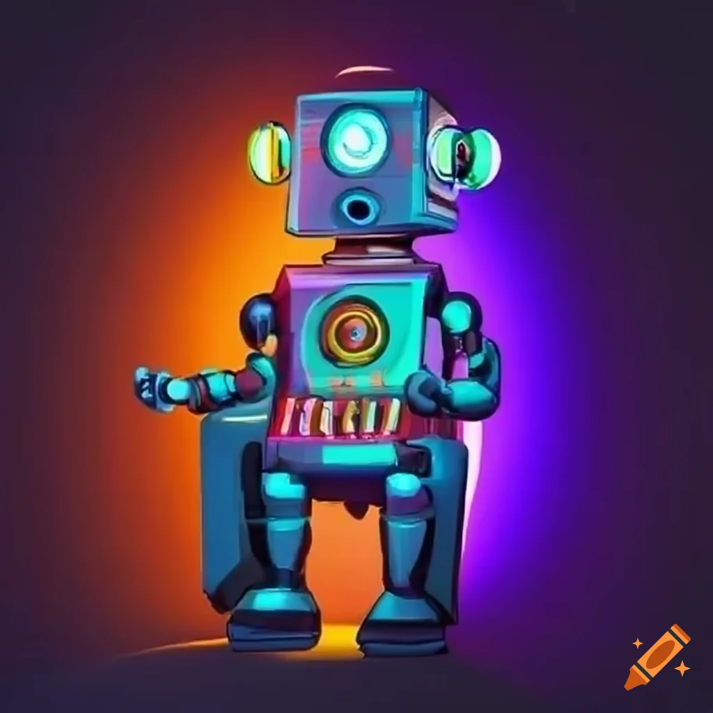 Retro-futuristic humanoid robot playing music on a jukebox in a unique style