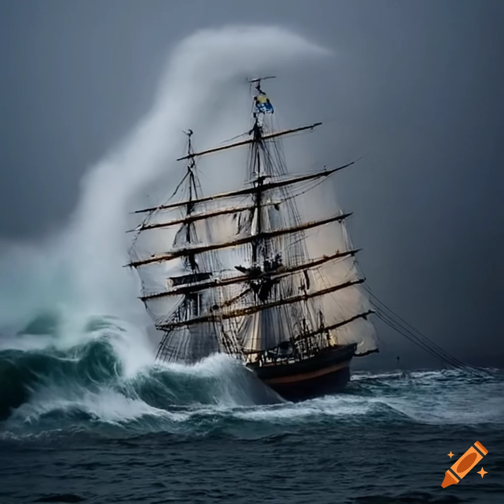 Tall ship in a violent storm with massive waves