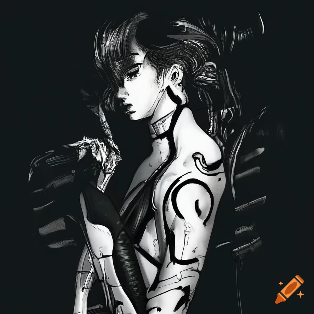 Sensual young man cyborg in futuristic bodysuit with light cyan hair